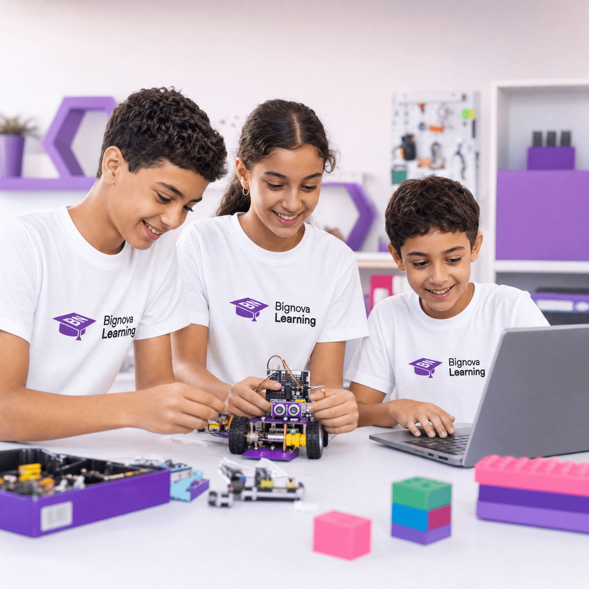 Three children in Bignova Learning t-shirts coding and building a robot together